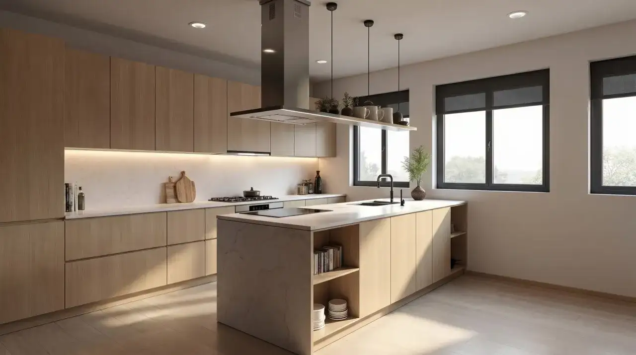 Cocina moderna con isla central, gabinetes de madera clara y encimeras de mármol. Perfecta para una reforma de cocina.