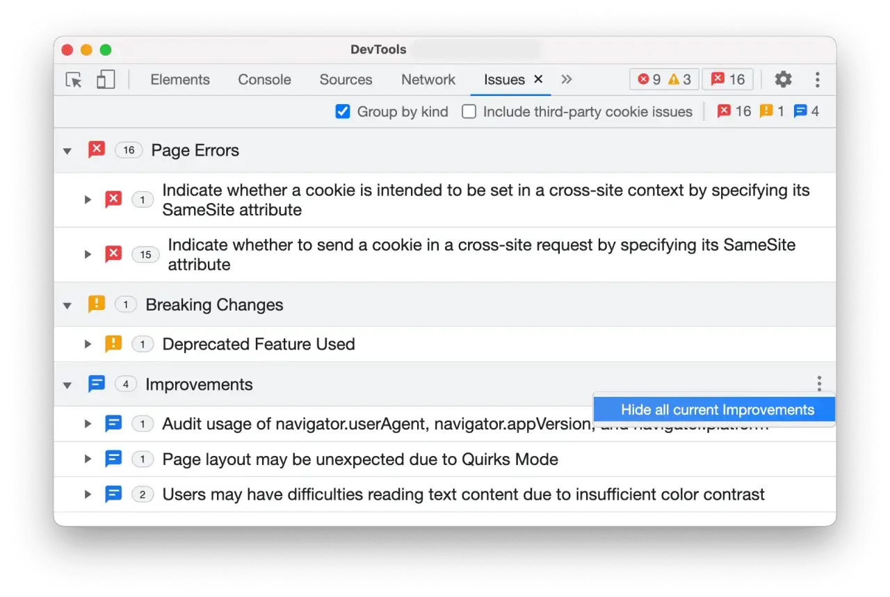 DevTools Issues: błędy ciasteczek, zmiany, ulepszenia. To okno pokazuje, co to są devtools i jak działają.