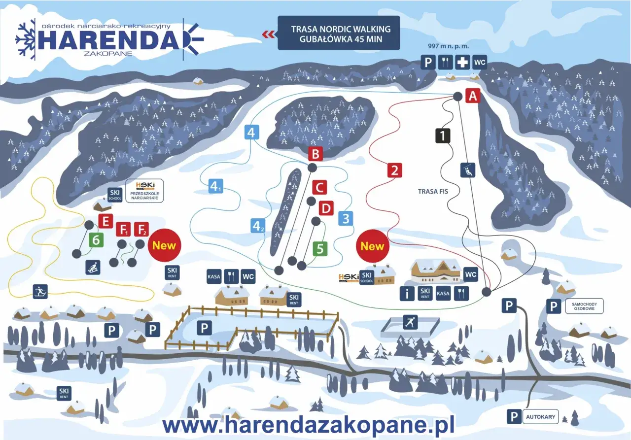 Mapa ośrodka narciarskiego Harendy w Zakopanem. Widoczne trasy narciarskie, wyciągi, punkty gastronomiczne, parkingi i wypożyczalnie sprzętu.