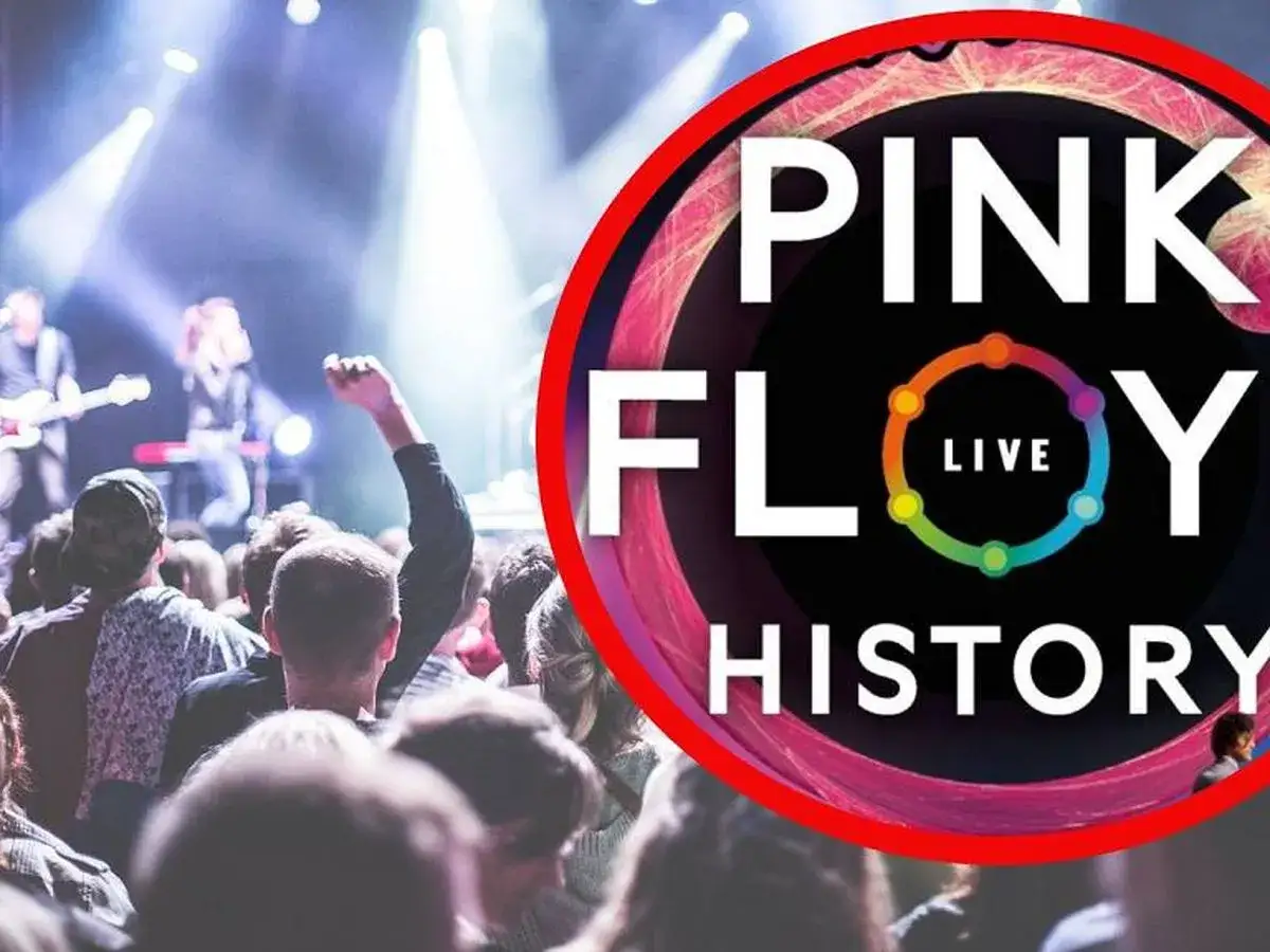 Koncertowa atmosfera, tłum na koncercie, logo "Pink Floyd Live History". Marzenie o Pink Floyd w Polsce staje się rzeczywistością.