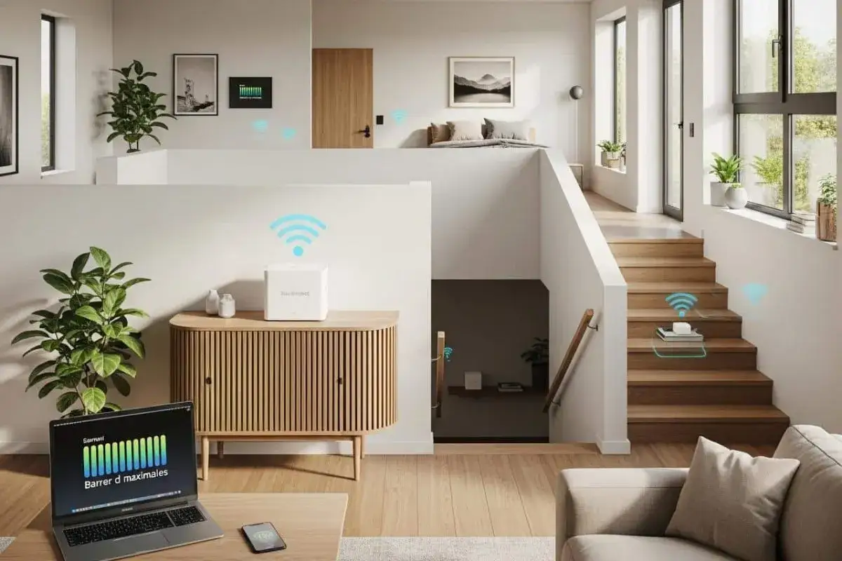 Un routeur moderne diffuse le signal wifi 2.4 ghz dans une maison lumineuse, assurant une connexion partout.