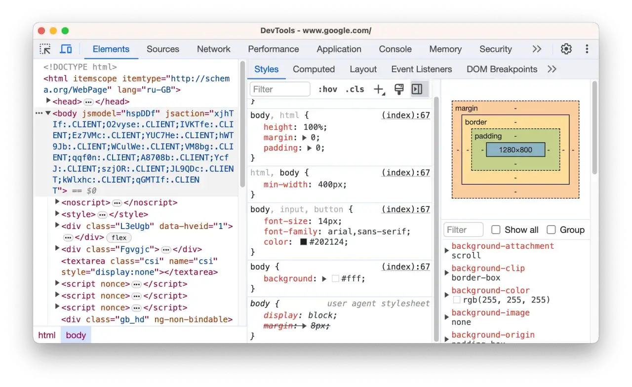 Narzędzia deweloperskie Chrome pokazują kod HTML i CSS strony, pomagając w debugowaniu.