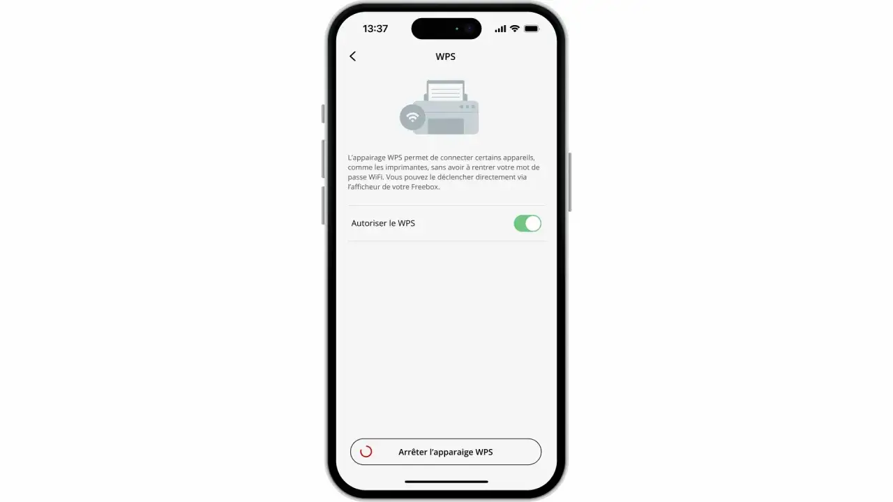 Écran d'un smartphone affichant les paramètres WPS. L'appairage WPS permet de connecter des appareils sans mot de passe WiFi.
