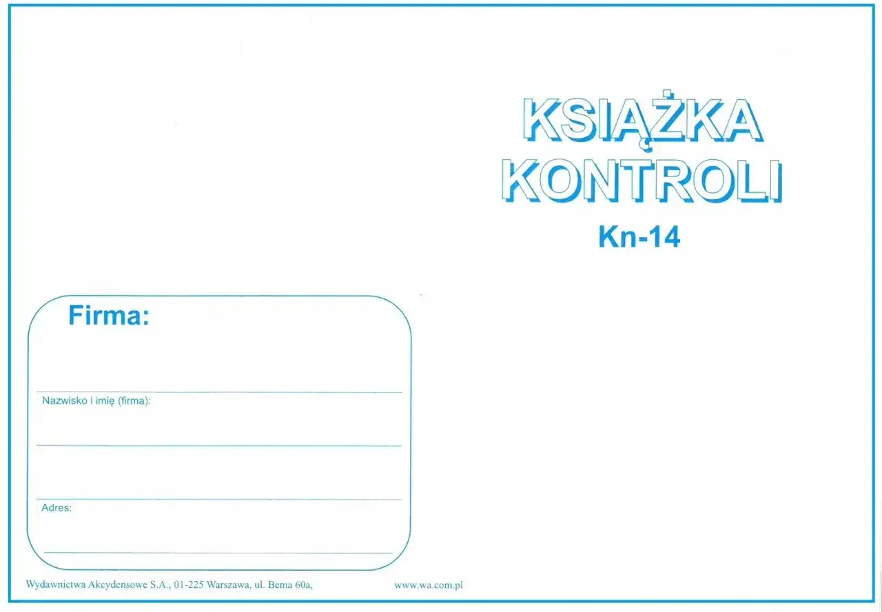 Okładka książki kontroli przedsiębiorcy z miejscem na dane firmy, nazwisko, imię i adres.