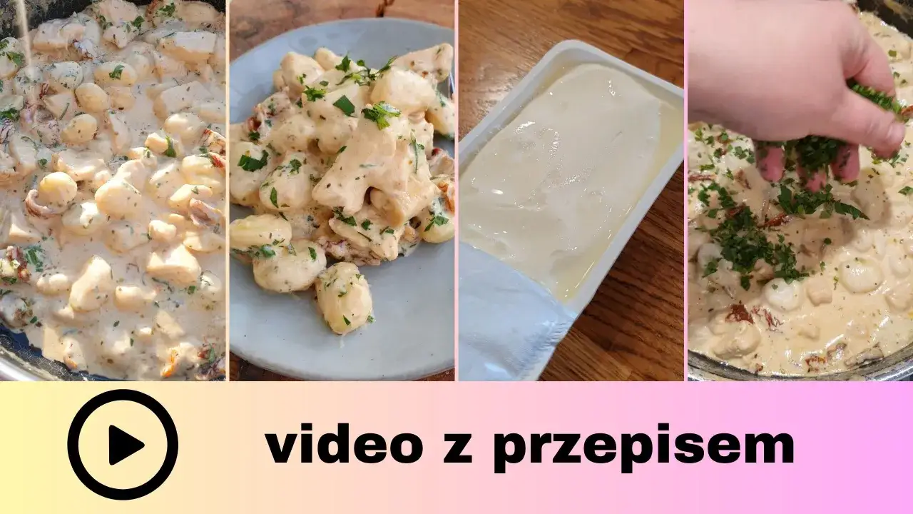 Kremowe gnocchi z kurczakiem i suszonymi pomidorami, posypane świeżą natką pietruszki. Pyszny przepis na obiad.