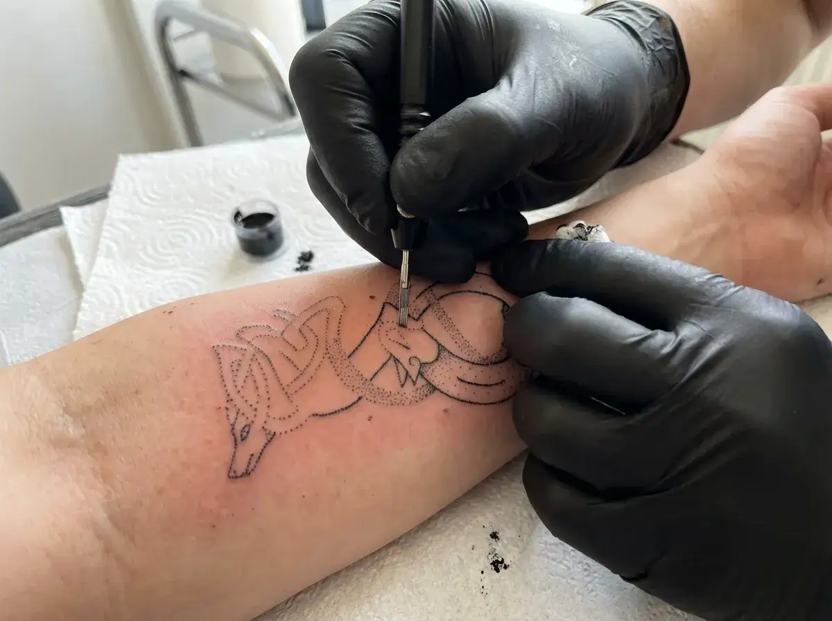 Artysta tworzy tatuaż wilka metodą handpoke na przedramieniu.