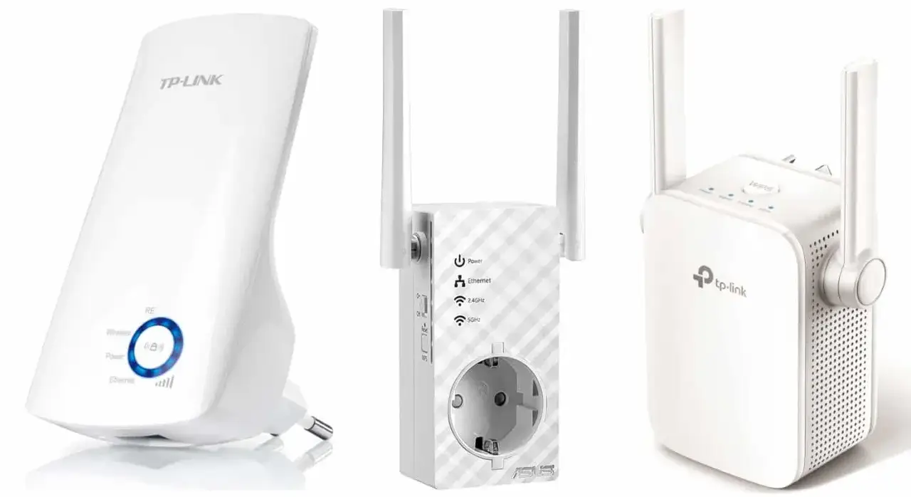 Trzy białe urządzenia, każdy wzmacniacz internetu, gotowe do poprawy zasięgu Wi-Fi w domu.