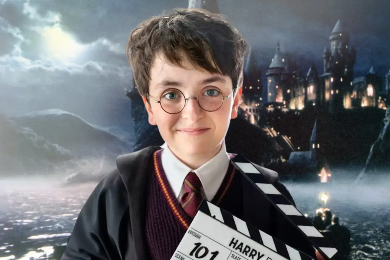 Chłopiec w okularach i szacie Hogwartu trzyma klaps filmowy. Tło to zamek i krajobraz z uniwersum Harry'ego Pottera.