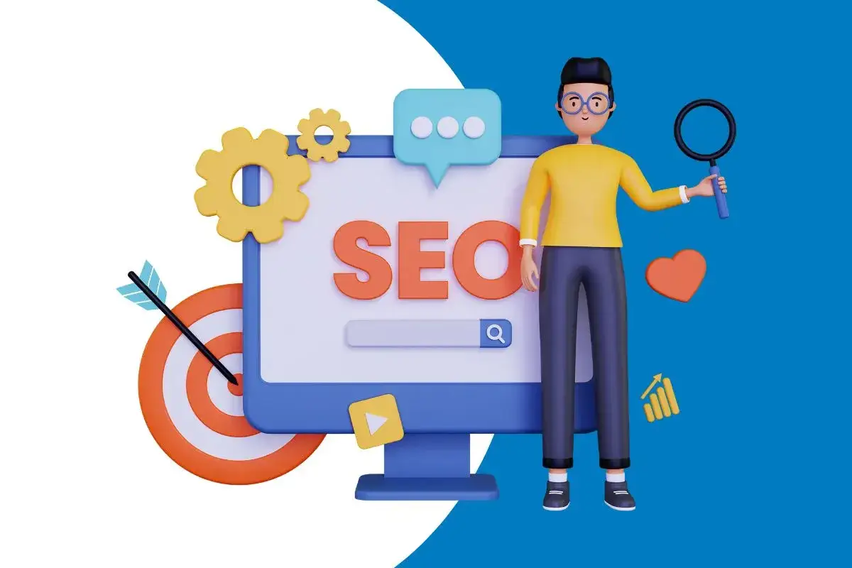 Postać z lupą analizuje ekran z napisem SEO. Grafika symbolizuje optymalizację strony, kluczową dla **wordpress seo**.