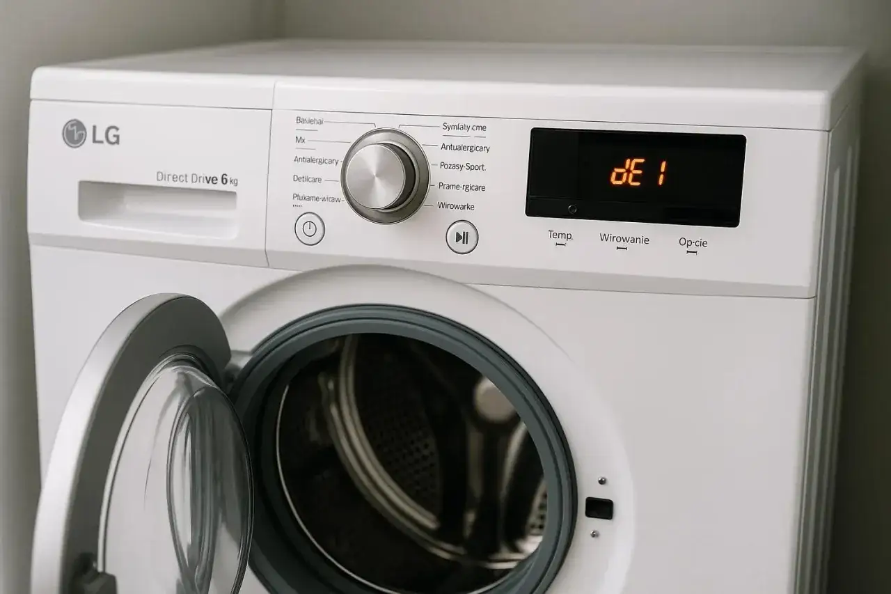 Pralka LG Direct Drive 6 kg z otwartymi drzwiczkami. Na wyświetlaczu widoczny błąd OE, wskazujący na problem z odprowadzaniem wody.