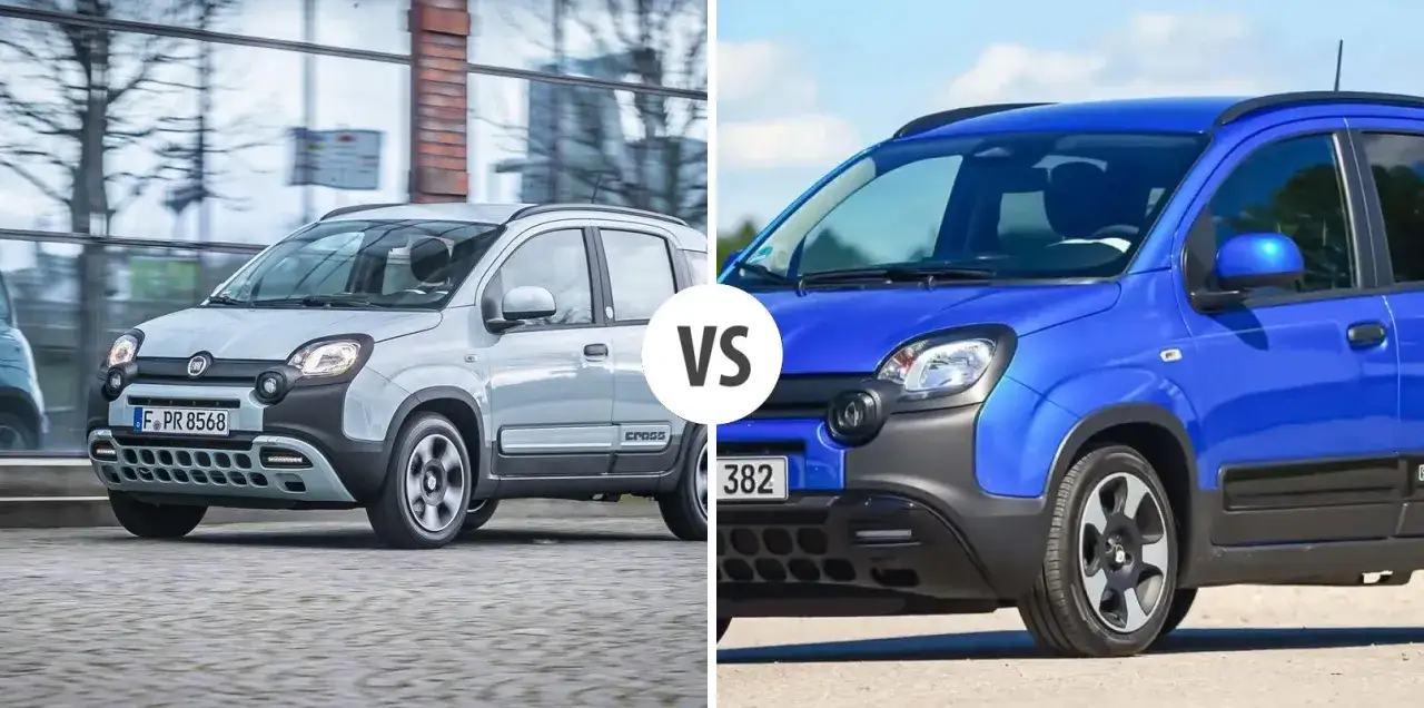 Dwa Fiaty Panda Cross, jeden jasnoszary, drugi niebieski, porównane w zestawieniu. Czy to zapowiedź modelu Fiat Panda 2025?
