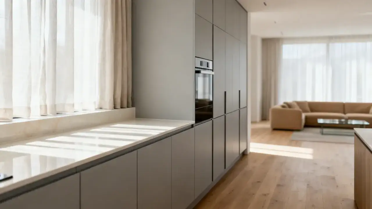 Cocina moderna con armarios grises y una encimera de mármol clara. La luz del sol entra por las cortinas, creando un ambiente acogedor.