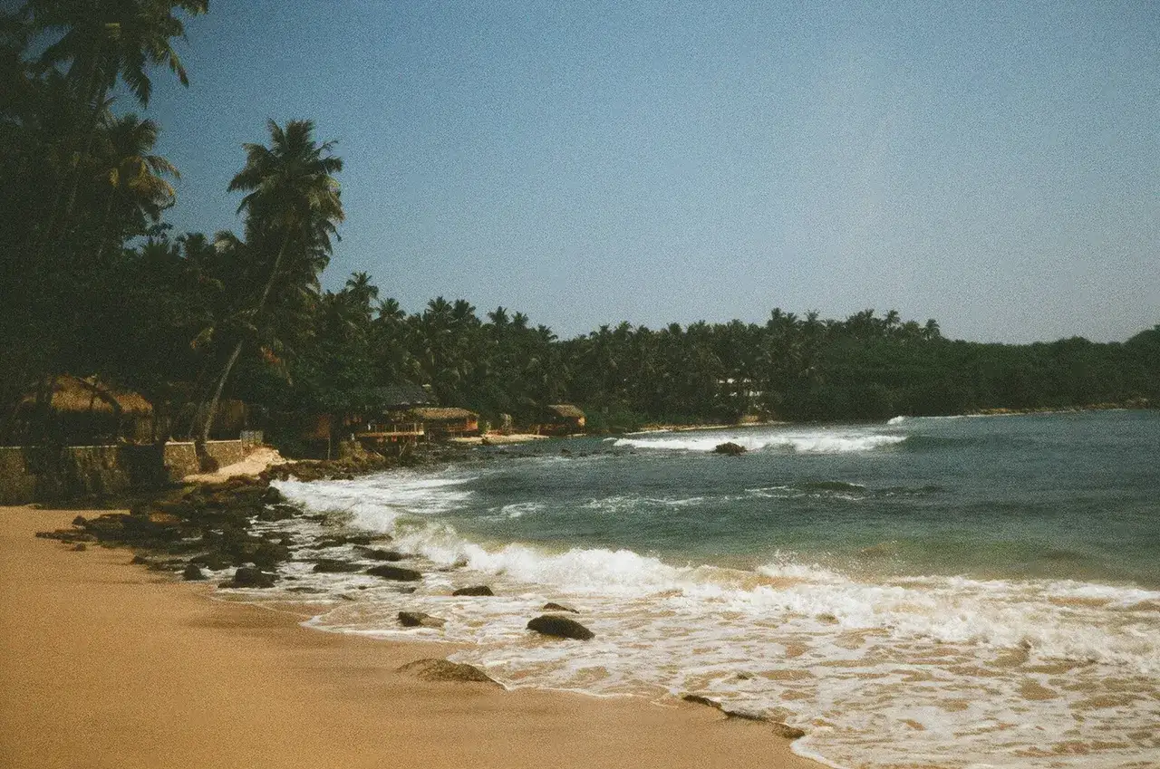 Piękne zdjęcia z analoga: piaszczysta plaża, palmy, kamienie i fale oceanu. Tropikalny raj.