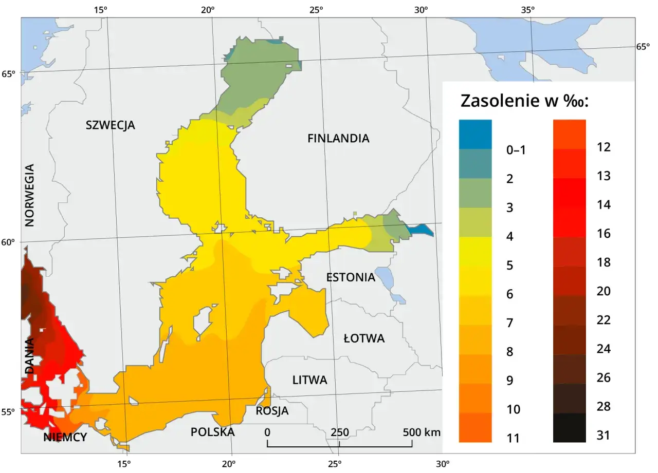 Mapa Bałtyku z kolorami wskazującymi zasolenie wody w promilach.