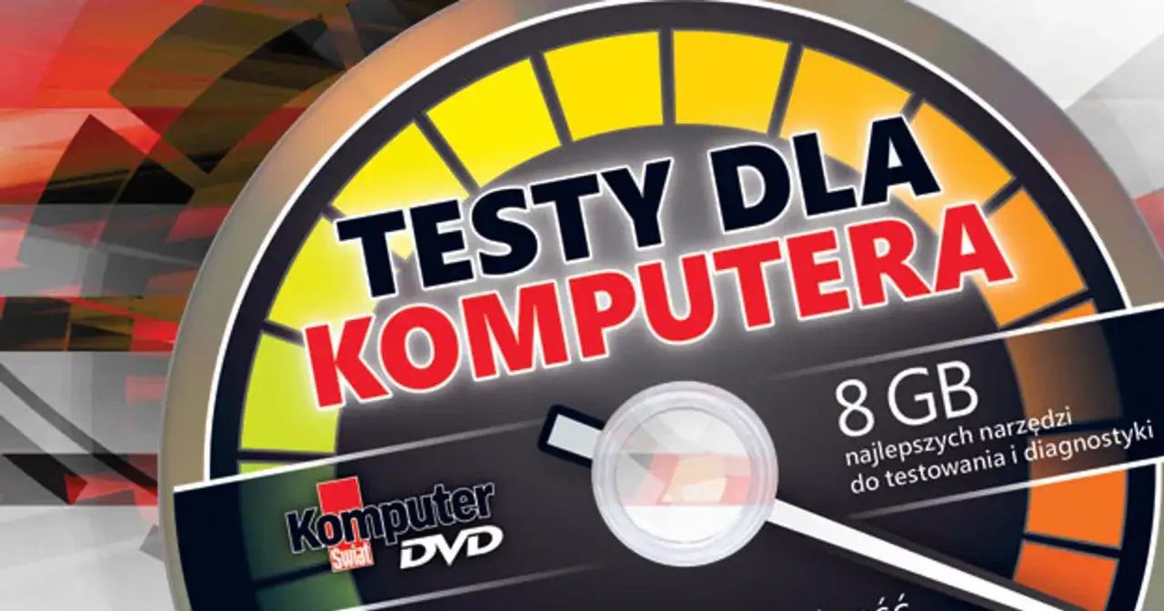 Grafika przedstawia wskaźnik prędkości z napisem "Testy dla komputera". Obok widnieje logo "Komputer Świat DVD" i informacja o 8 GB najlepszych narzędzi do testowania i diagnostyki.