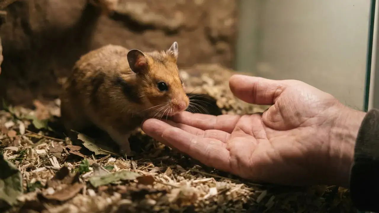 Chomik ostrożnie wącha dłoń, ucząc się, jak oswoić chomika.