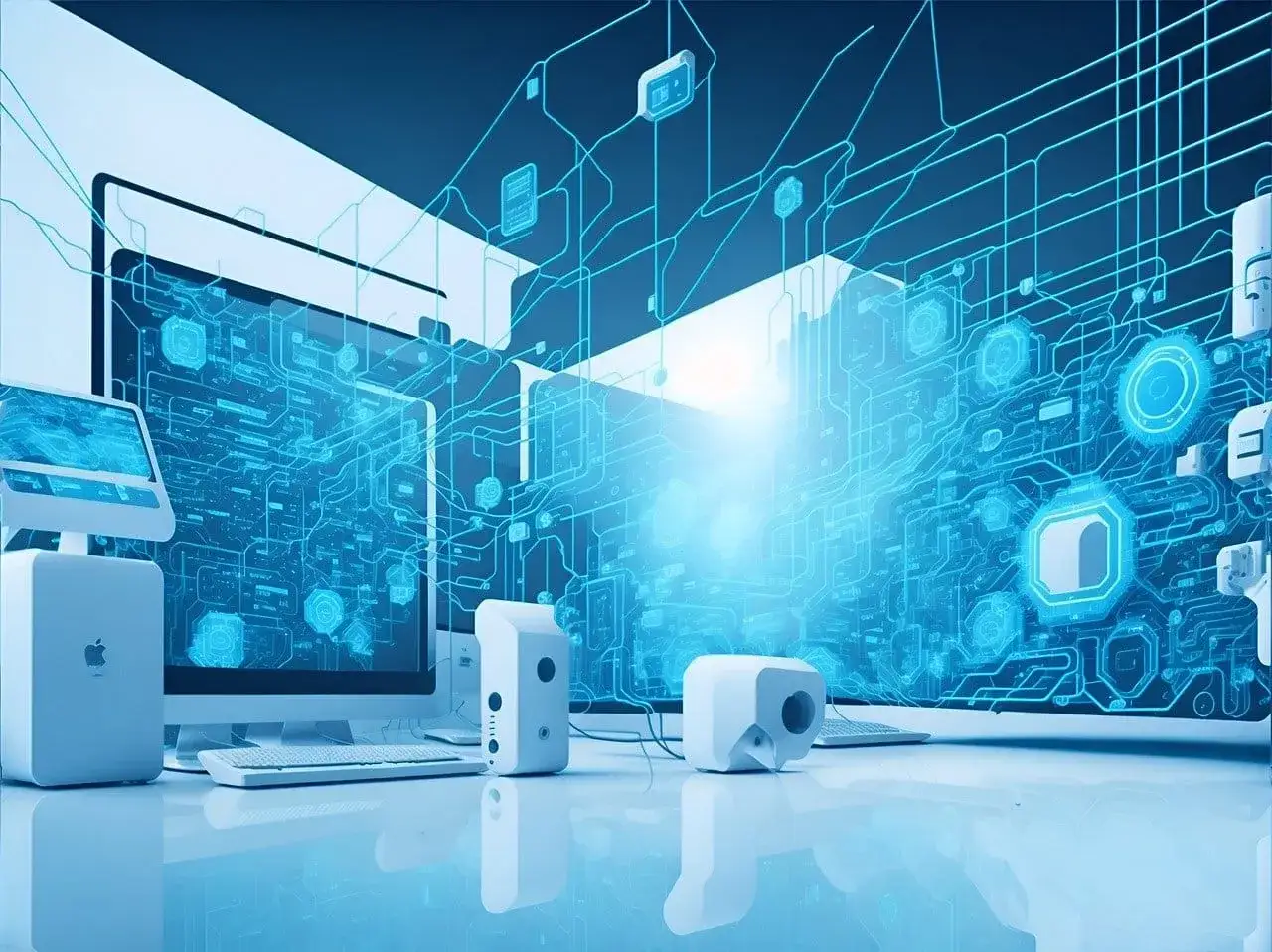 Nowoczesne komputery z niebieskim, cyfrowym interfejsem, symbolizującym aktualizację systemu i postęp technologiczny.