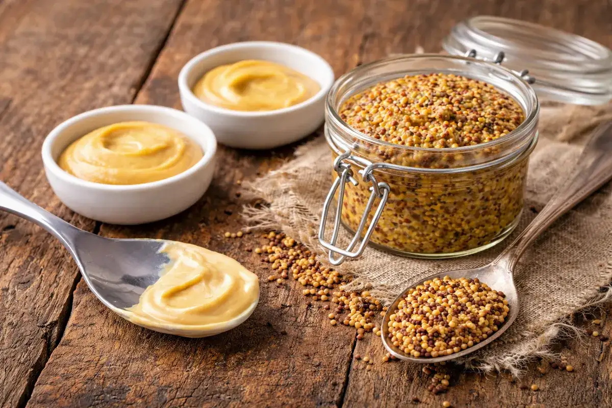 Słoik z ziarnami gorczycy i musztarda w miseczkach i na łyżce. Czy musztarda jest wegańska? Zwykle tak, ale warto sprawdzić skład.