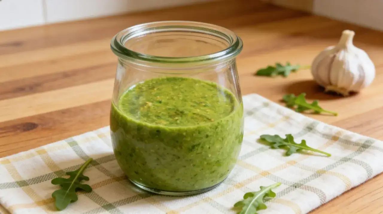 Słoiczek domowego pesto z rukoli, obok czosnek i listki rukoli na kratkowanej ściereczce.