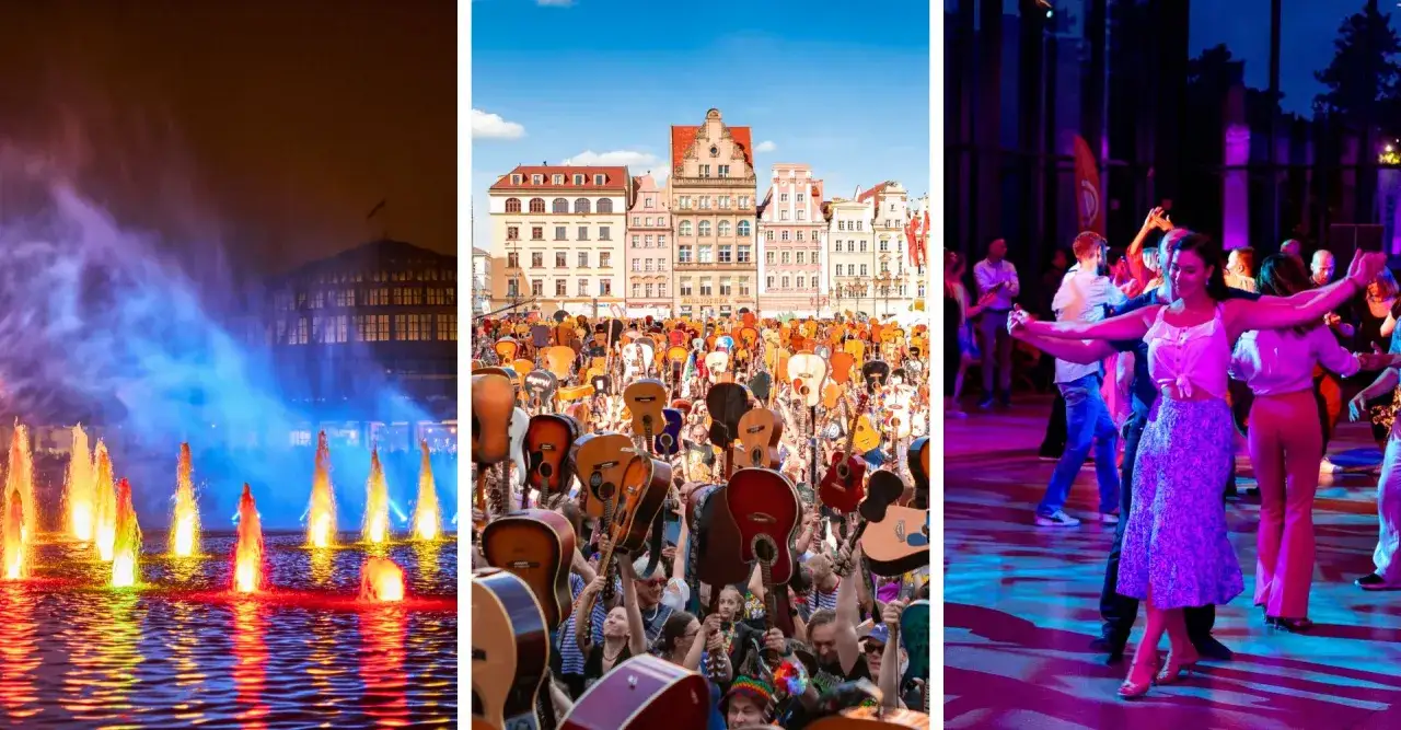 Wrocław majówka: kolorowa fontanna, tłum z gitarami na Rynku i tańczący ludzie w rytm muzyki.
