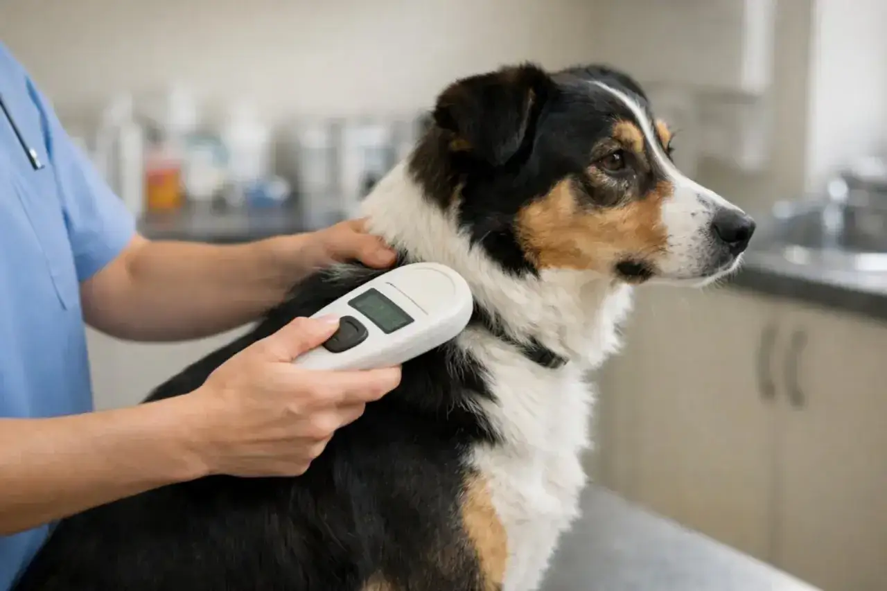 Weterynarz skanuje psa czytnikiem. Dowiedz się, ile kosztuje chip dla psa i jak bezpiecznie go wszczepić.