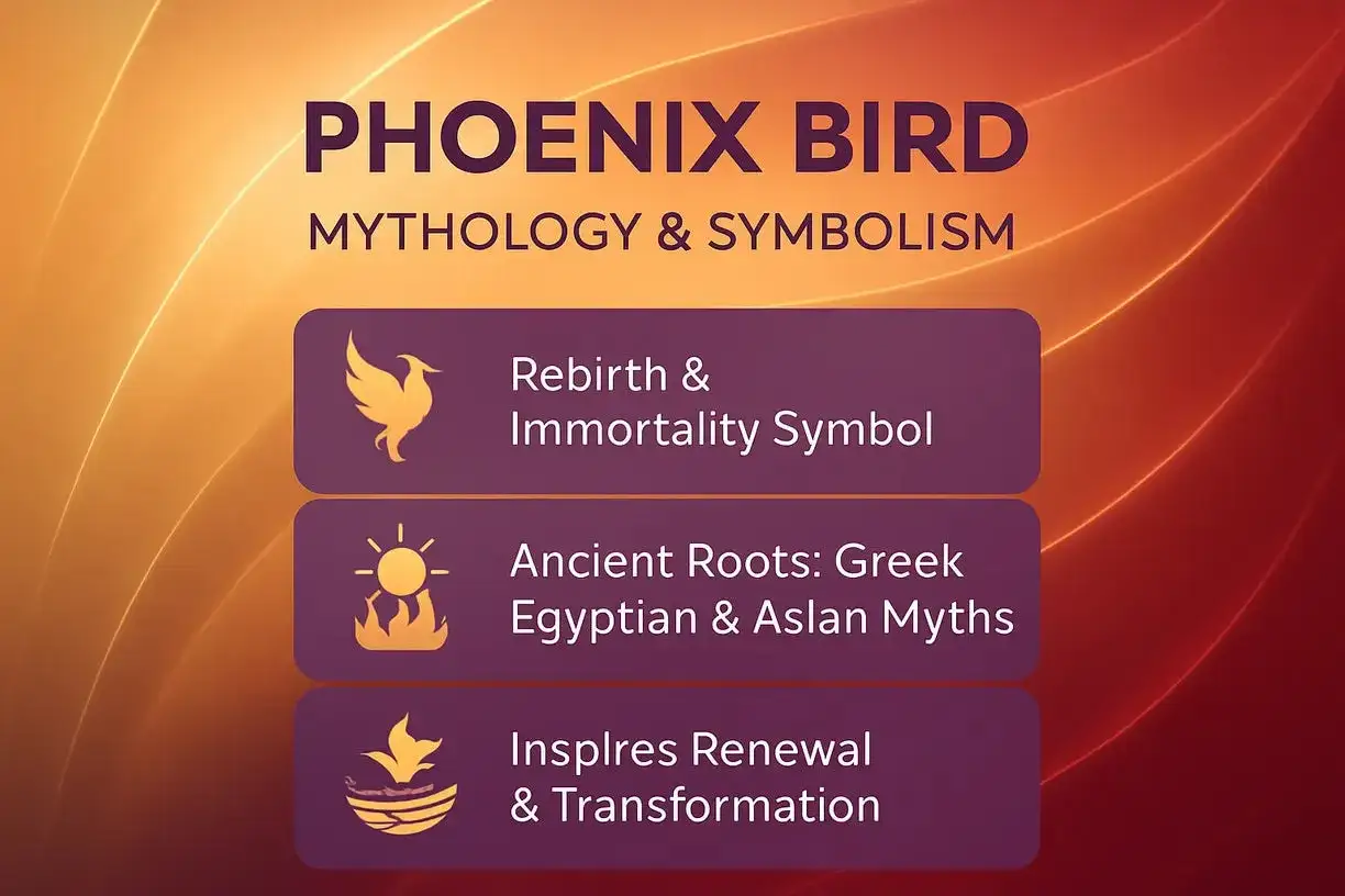 Grafika z napisem "Phoenix Bird Mythology & Symbolism" i ikonami symbolizującymi odrodzenie, starożytne mity i odnowę.