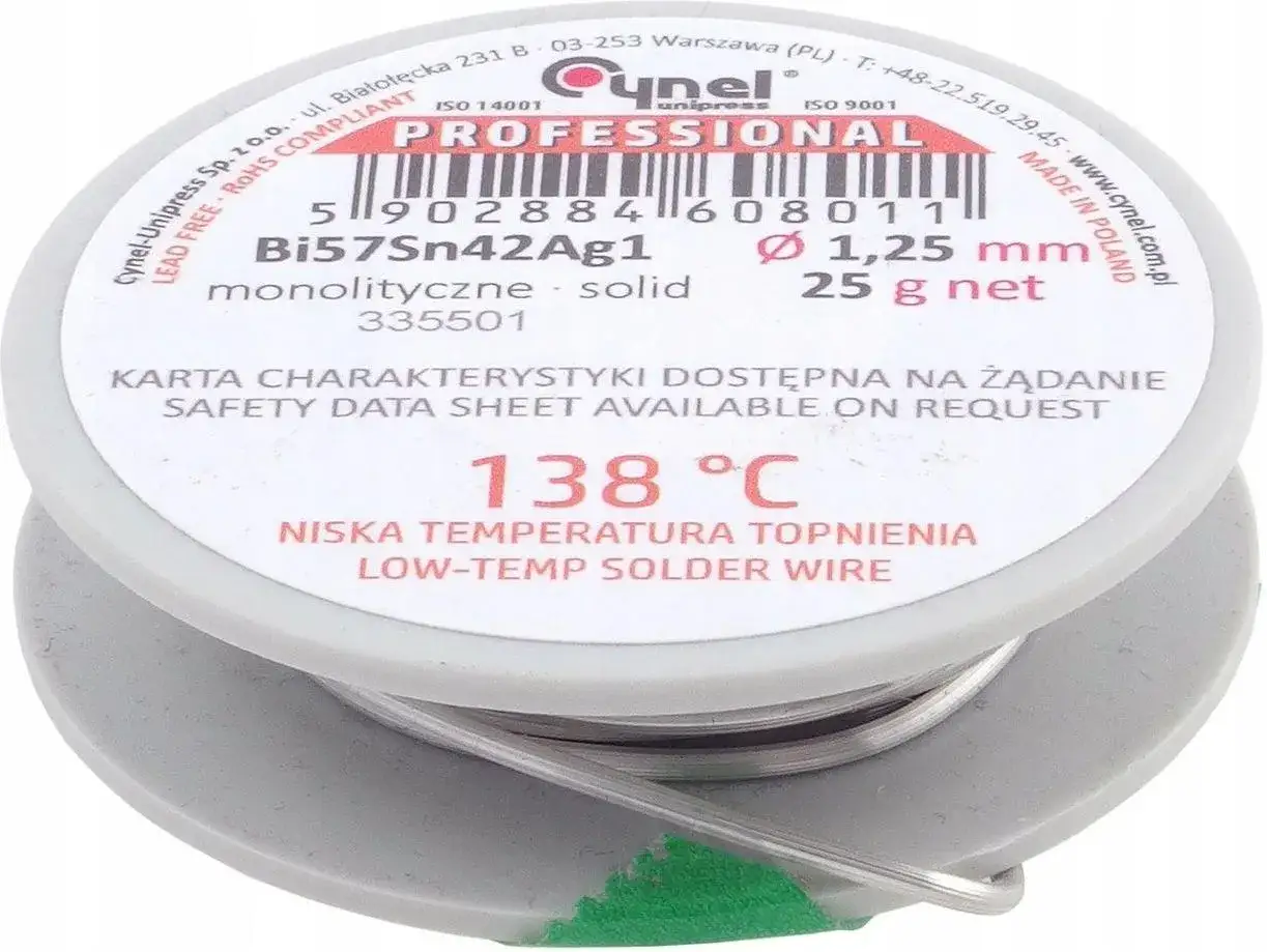 Cyna do lutowania z niską temperaturą topnienia 138°C, drut 1,25 mm, 25g. Idealna do precyzyjnych prac.