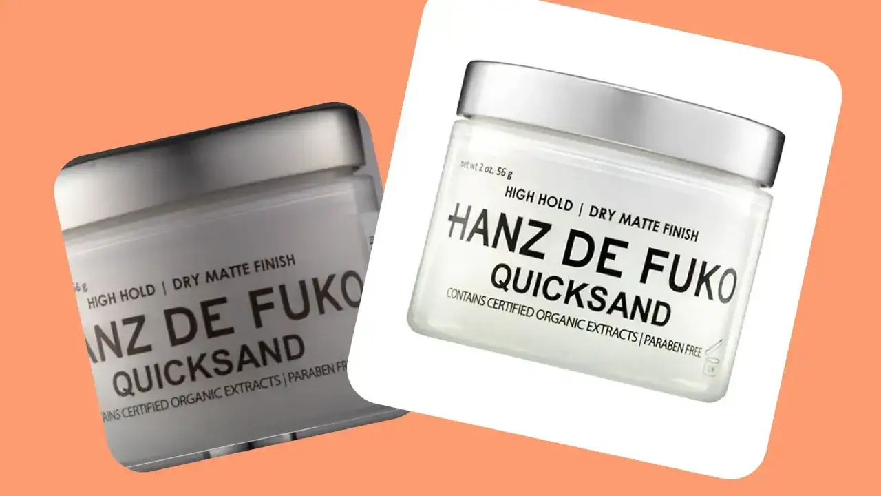 Dwa ujęcia słoiczka Hanz de Fuko Quicksand. Jedno z nich pokazuje, jak zrobić białe tło na zdjęciu, wycinając produkt.