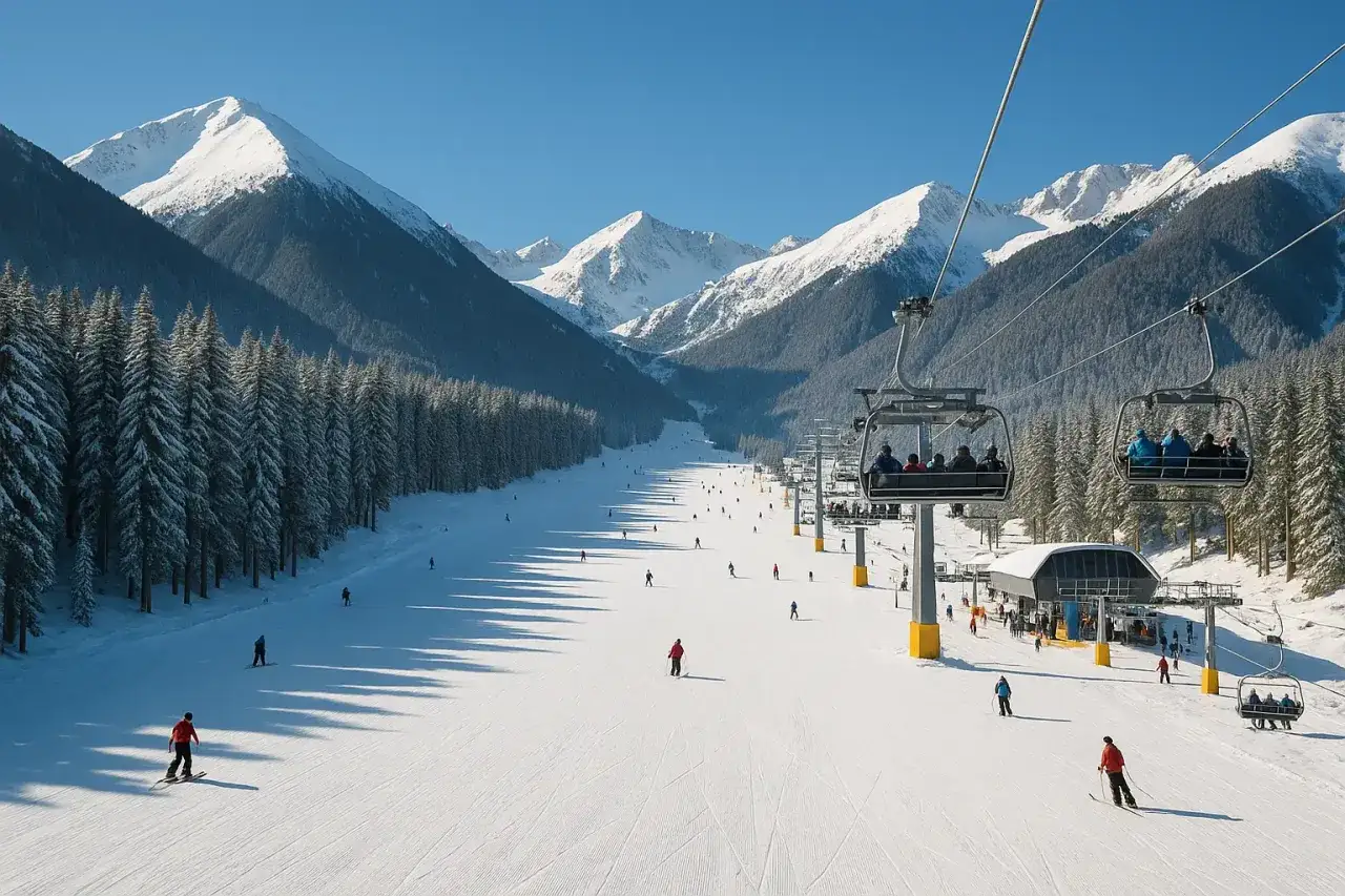 Narciarze szusują po ośnieżonych stokach Kopaonik w Serbii, a kolejka linowa unosi ich ku szczytom.