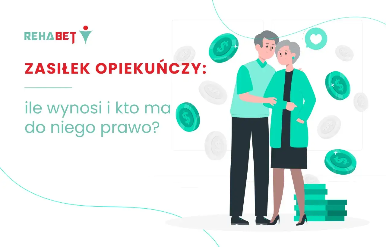 Ilustracja pary seniorów z monetami i tekstem "Zasiłek opiekuńczy".