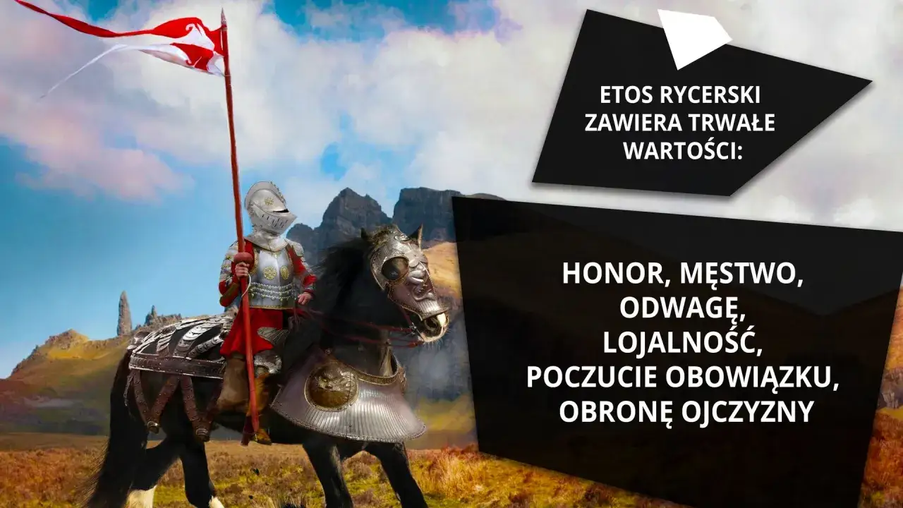 Rycerz w zbroi na koniu z flagą, na tle gór i chmur.