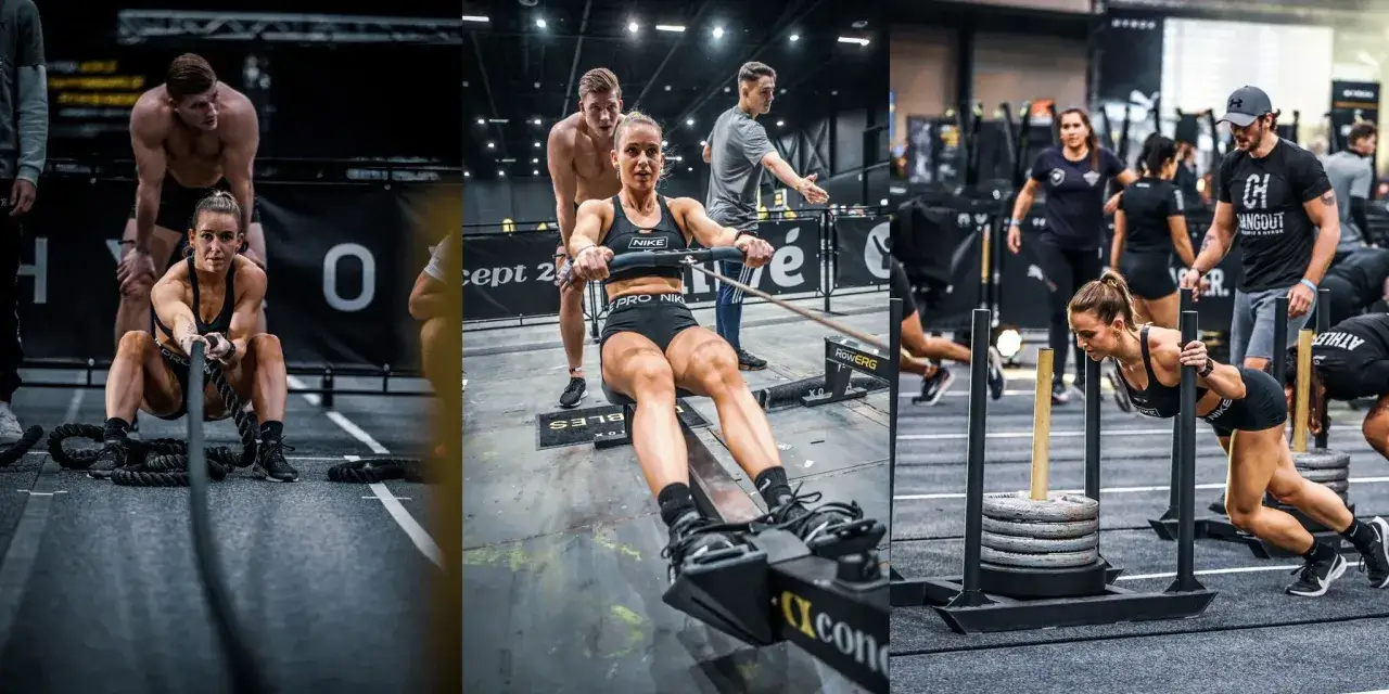 Trzy sceny treningu CrossFit: kobieta ciągnie linę, wiosłuje na ergometrze, pcha sanie.