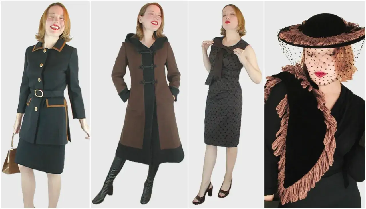 Stylizacje z brązową kurtką i czarną sukienką. Jaki kolor czapki do brązowej kurtki? Czarna z beżowym obszyciem.