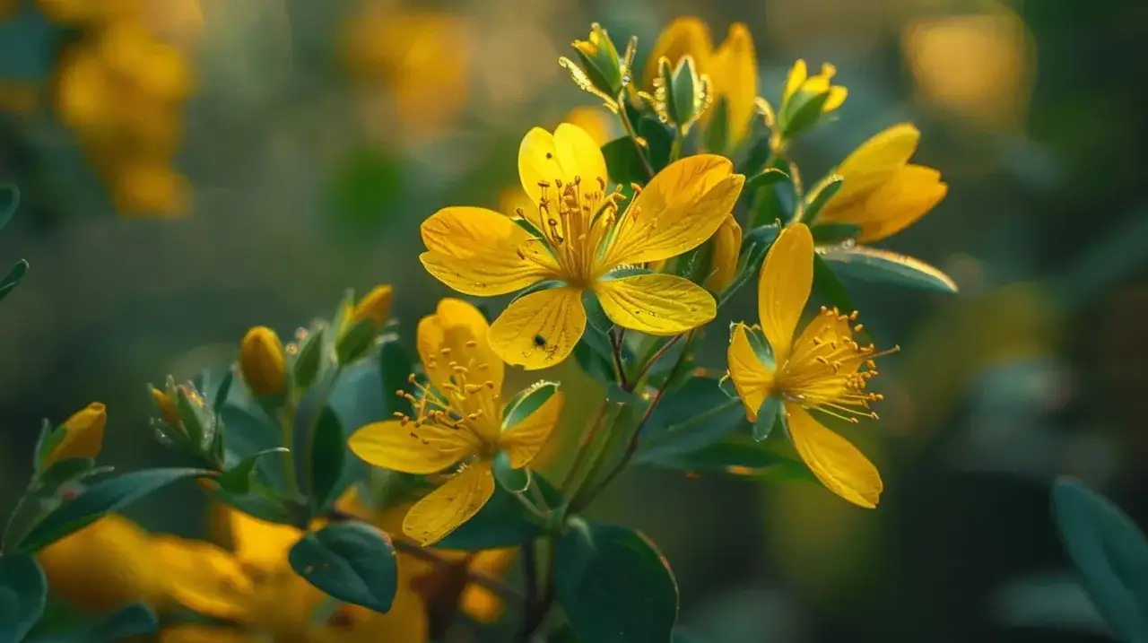 Kwiaty dziurawca, idealne na uspokajającą herbatę z dziurawca, rozkwitają w słońcu.