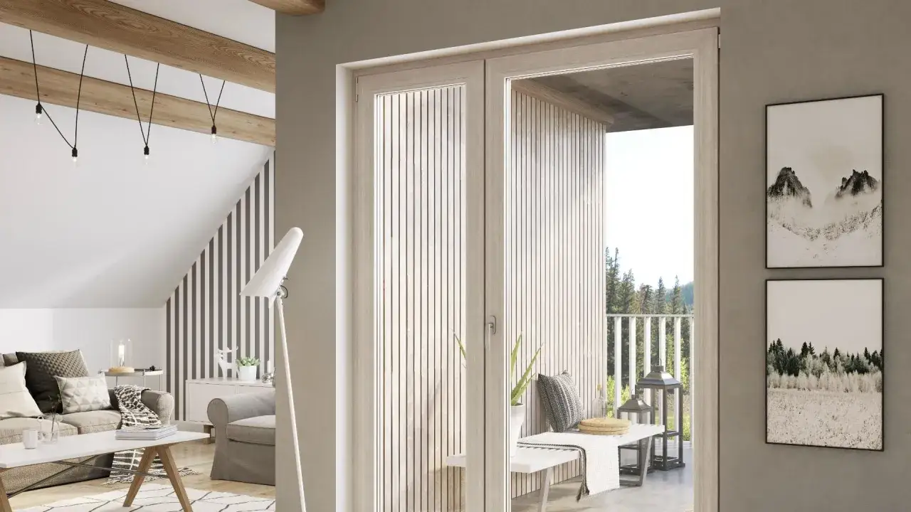 Jasne drzwi balkonowe w kolorze dąb bielony otwierają widok na taras z widokiem na las. W salonie przytulna kanapa i fotel.