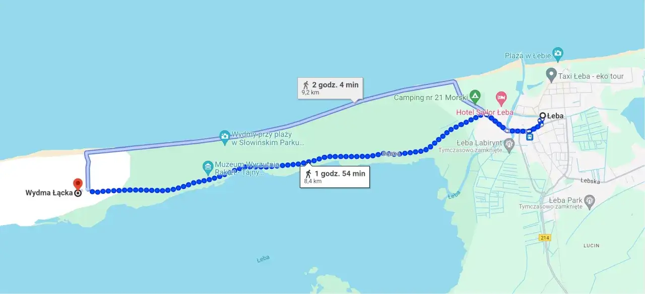 Mapa z trasą pieszą z Łeby na Wydmę Łącką, z zaznaczonymi atrakcjami.