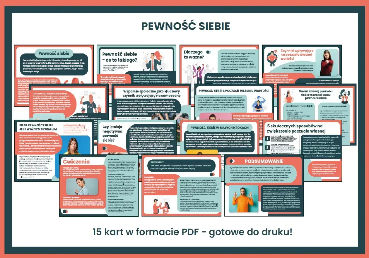 Jak być pewnym siebie w towarzystwie? Zestaw 15 kart PDF pomoże Ci budować pewność siebie i poczucie własnej wartości.