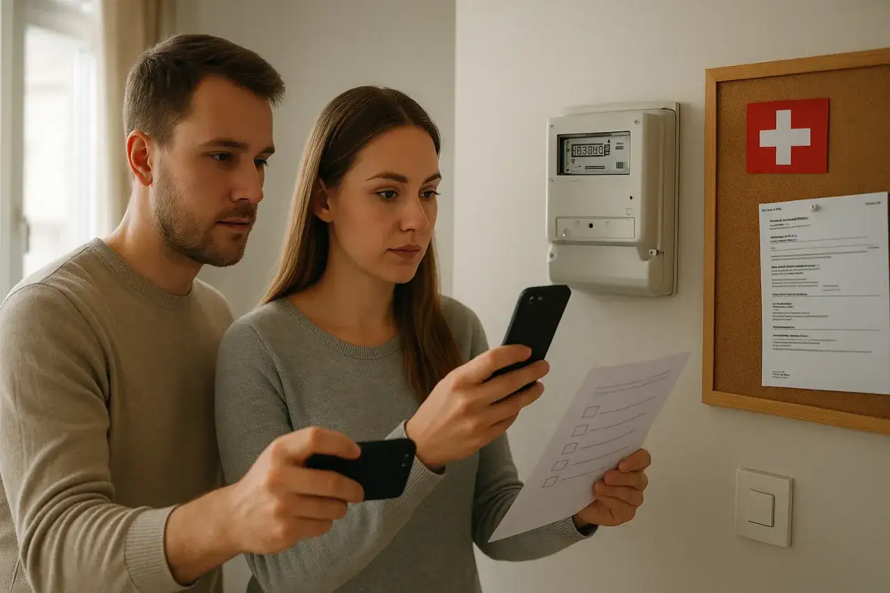 Para z telefonami przy liczniku gazowym i arkuszem papieru.