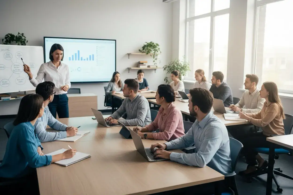 Grupa osób uczestniczy w szkoleniu, gdzie nauczycielka wyjaśnia materiał przy tablicy i ekranie. To przykład nauczania hybrydowego jak wygląda w praktyce.