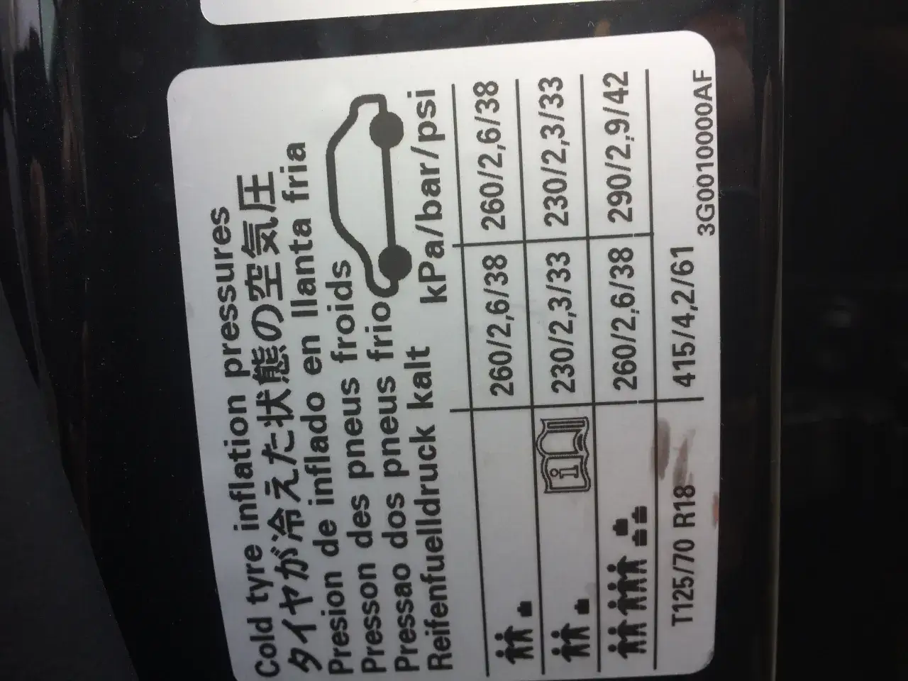 Naklejka z informacjami o ciśnieniu w oponach w różnych językach i ikonami.