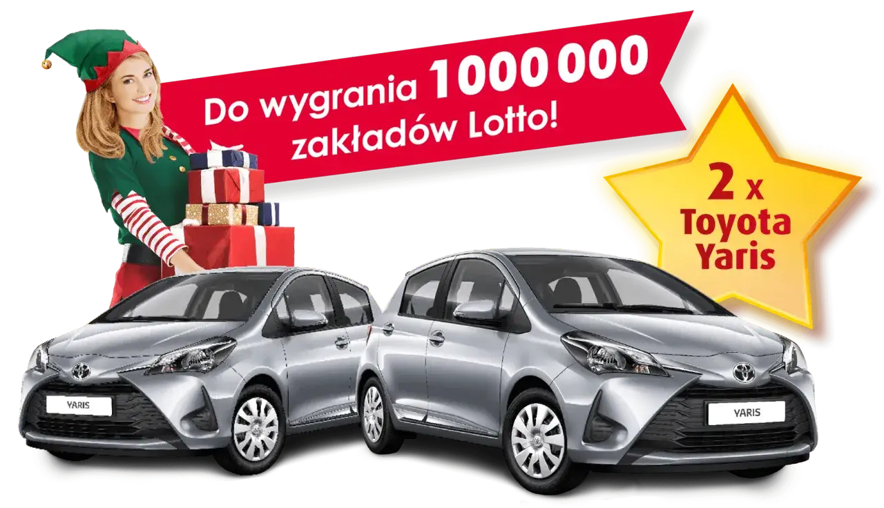 Świąteczna lotteria Lotto: wygraj 1 000 000 zakładów i 2 Toyoty Yaris! Elfka z prezentami zaprasza do zabawy.
