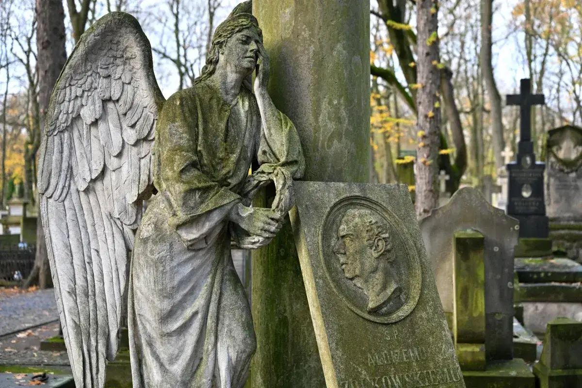 Kamienna rzeźba anioła na cmentarzu, obok nagrobka z medalionem.