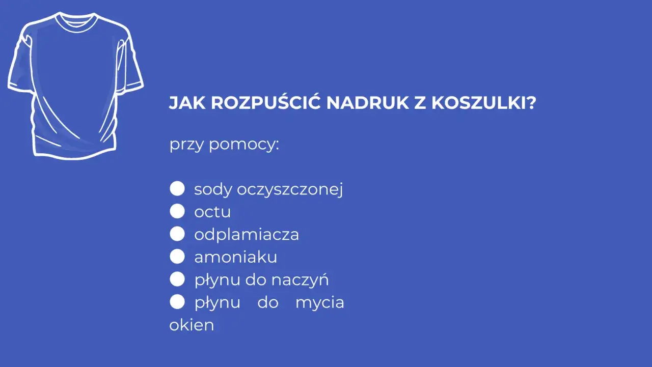 Grafika przedstawia biały zarys koszulki na niebieskim tle z tekstem "Jak rozpuścić nadruk z koszulki?" i listą metod.