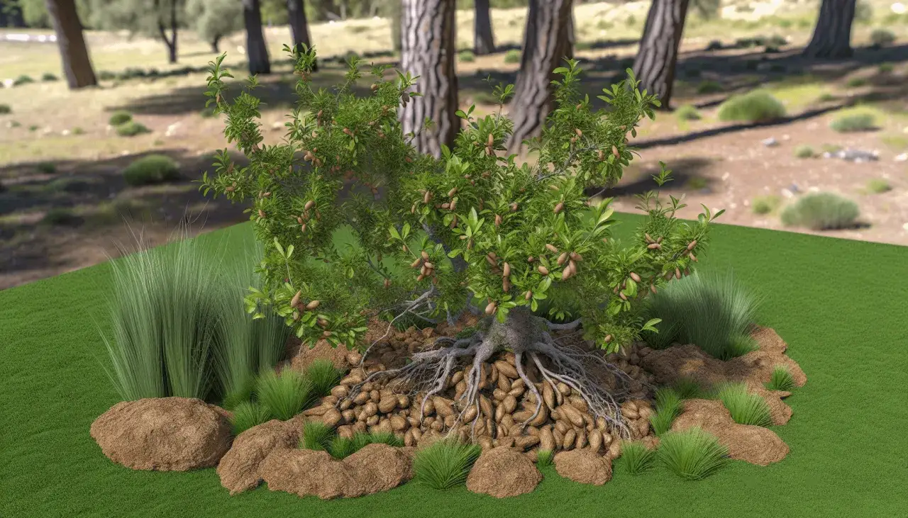 Młode drzewko migdałowca z owocami i widocznymi korzeniami na trawniku.