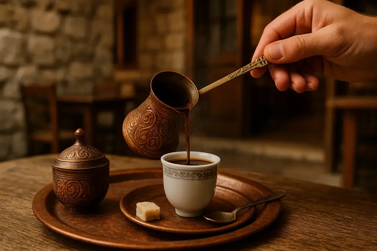 Tradycyjna kawa po bośniacku, parzona w miedzianym tygielku, nalewana do filiżanki. Obok cukiernica i kostka cukru.