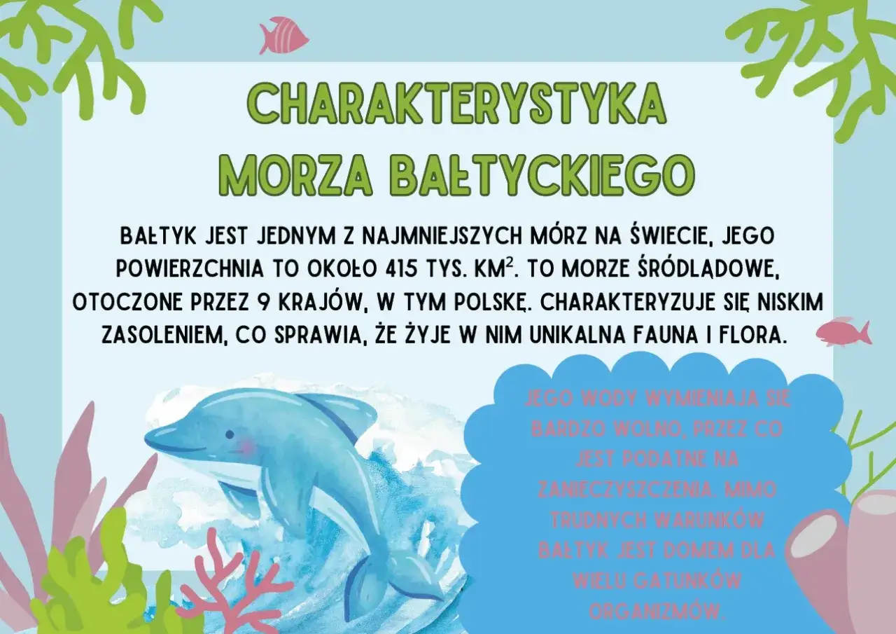 Ilustracja na światowy dzień morza: delfin pływa w Bałtyku, morzu z unikalną fauną i florą, otoczonym przez 9 krajów.