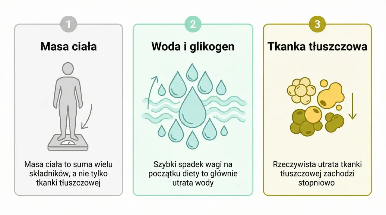 Ilustracja pokazuje, że początkowy spadek wagi na diecie wegetariańskiej to głównie utrata wody, a nie tkanki tłuszczowej.
