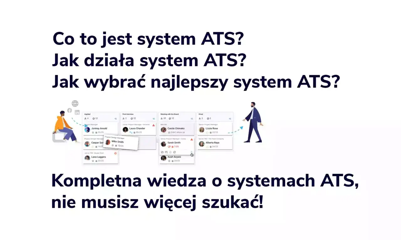 Grafika przedstawia interfejs systemu ATS, gdzie widać etapy rekrutacji kandydatów. Poznaj system ATS i usprawnij proces zatrudniania.