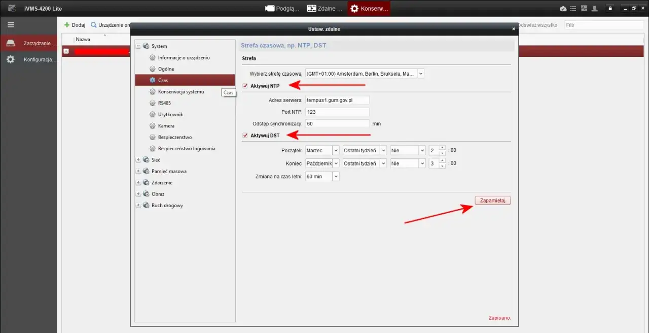 Konfiguracja hikvision: ustawienia czasu, strefy czasowej, NTP i DST.