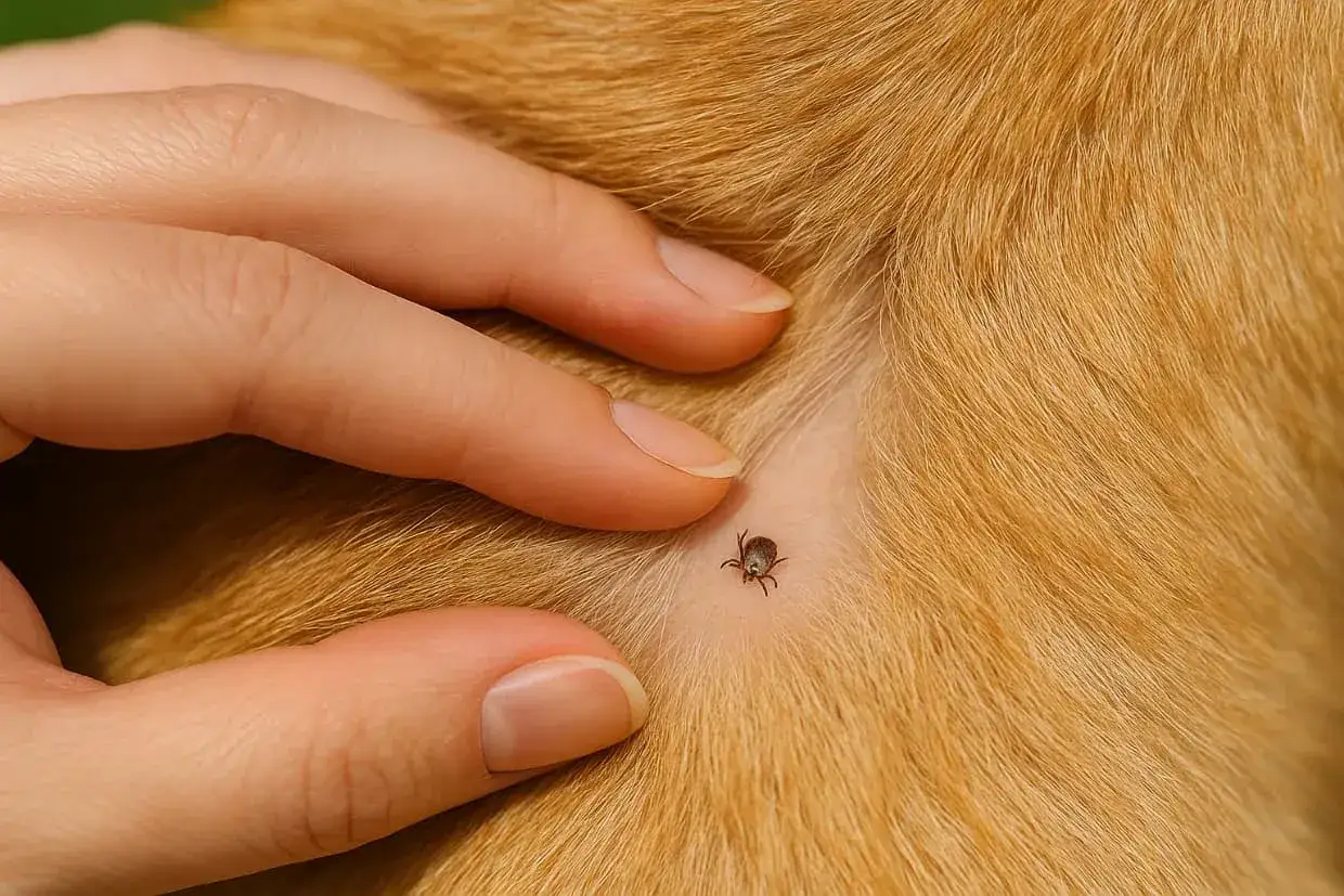 Palec wskazujący i środkowy delikatnie odsuwają sierść, ukazując małego, wysuszonego kleszcza u psa.